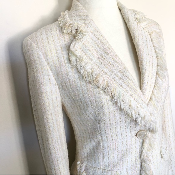 Zara Women’s Cream Sparkly Tweed Fringe Trim Blazer Jacket Size 4 - Picture 12 of 13